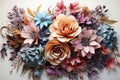 3d handmade Paper Flowers in different pastel colours with copy space on white background. Delicate Paper Flowers in 3D