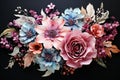 3d handmade Paper Flowers in light pastel colours with copy space on black background. Colorful 3d Artificial