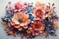 3d handmade Paper Flowers in orange and blue colours with copy space on white background. Colorful 3d Artificial