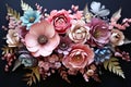 3d handmade Paper Flowers in pastel colours with copy space on dark blue background. Colorful 3d Artificial multicolored