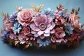 3d handmade Paper Flowers in pastel colours with copy space on light blue background. Colorful 3d Artificial