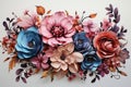 3d handmade Paper Flowers in pastel colours with copy space on white background. Colorful 3d Artificial multicolored