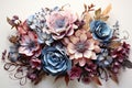 3d handmade Paper Flowers in pastel colours with copy space on white background. Colorful 3d Artificial multicolored