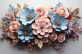 3d handmade Paper Flowers in pink and blue pastel colours with copy space on white background. Colorful 3d Artificial