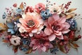 3d handmade Paper Flowers in pink pastel colours with copy space on light background. Colorful 3d Artificial
