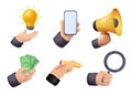 3D Hands gestures illustration set. Character hands making thumbs up, holding smartphone, pencil and other business Royalty Free Stock Photo