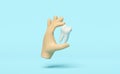 3d hands hold dental molar teeth model icon isolated on blue background. health of white teeth, dental examination of the dentist