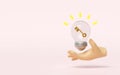 3d hands holding light bulb with key isolated on pink background. idea tip concept, minimal abstract, 3d illustration render Royalty Free Stock Photo