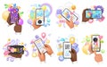 3d hands of people hold mobile phones set, use smartphones, work with information