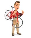 3d handyman carrying bicycle on his shoulder