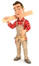 3d handyman carrying wooden plank on shoulder