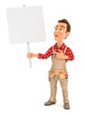 3d handyman holding blank sign board