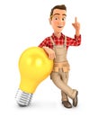 3d handyman leaning against light bulb