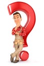 3d handyman leaning back against question mark