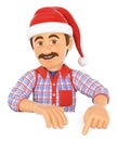 3D Handyman pointing down with a Santa Claus hat. Blank space