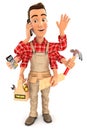 3d handyman with six arms multitasking concept Royalty Free Stock Photo