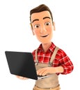 3d handyman standing and holding laptop