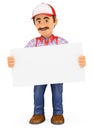 3D Handyman worker standing with a blank poster