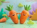 3d happy carrots on green background. Isomeric characters