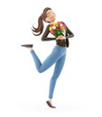 3d happy cartoon woman holding flower bouquet