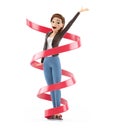 3d happy cartoon woman surrounded by ribbon