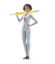 3d happy character businesswoman holding pencil