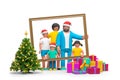 3D Happy Family in Santa hats portrait New Year concept. Children and parents inside picture frame with Christmas tree and gifts Royalty Free Stock Photo