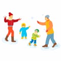 3d Happy family throwing snowballs - cartoon people characters illustration on white background. Concept of winter activity, New Y