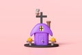3d happy halloween day with haunted house, cute owl perched on cross, zombie hand holding a pumpkin lantern isolated on pink Royalty Free Stock Photo