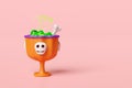 3d happy halloween party with magic cup, skeleton, skull, thunder isolated on pink background. 3d render illustration