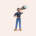 3D Happy man holding huge spyglass and looking far ahead. 3D render Vector illustration for observation, discovery