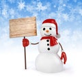 3d happy snowman holding a wooden board sign Royalty Free Stock Photo