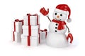 3d happy snowman with Santa hat and red gloves and presents Royalty Free Stock Photo