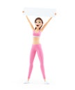 3d happy sporty woman raising up placard