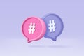 3D hashtag search link symbol on social media notification icon isolated on purple background. Comments thread mention or user