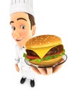 3d head chef holding plate with hamburger