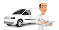 3d head chef with notepad in front of car