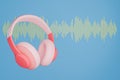 3d headphone with sound wave on blue background 3D render Royalty Free Stock Photo