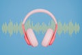 3d headphone with sound wave on blue background 3D render Royalty Free Stock Photo