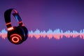 3d headphone with sound wave on blue background 3D render Royalty Free Stock Photo
