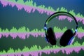 3d headphone with sound wave on blue background 3D render Royalty Free Stock Photo
