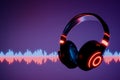 3d headphone with sound wave on blue background 3D render Royalty Free Stock Photo