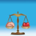 3d heart and brain concept on balance. Blue background