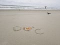 D heart`s C initials on sand with heart filled in with seashells seagulls in background