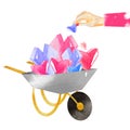 3D hearts in a garden wheelbarrow watercolor illustration. hand holding a heart