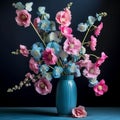 3d Hollyhock Arrangement: Teal And Pink Flowers In A Cardboard Vase Royalty Free Stock Photo