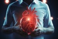 3D hologram of a heart against a human silhouette, studying heart disease using AI, AI in developing treatments for