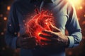 3D hologram of a heart against a human silhouette, studying heart disease using AI, AI in developing treatments for