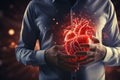 3D hologram of a heart against a human silhouette, studying heart disease using AI, AI in developing treatments for