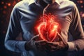 3D hologram of a heart against a human silhouette, studying heart disease using AI, AI in developing treatments for